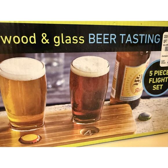 5-Piece Brown Craft Beer Flight Board Sampling Set, Tasting Glasses Serving Tray - Picture 3 of 6